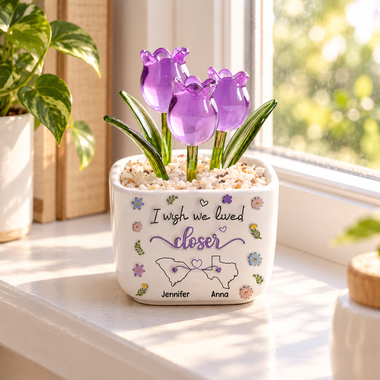 Personalized glass everlasting tulips pot on a sunny windowsill