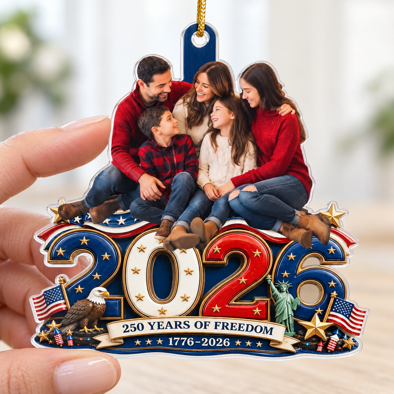 Hand holding a Custom Photo Land Of Free Loved Family acrylic ornament, America 250th Anniversary Christmas Gift.