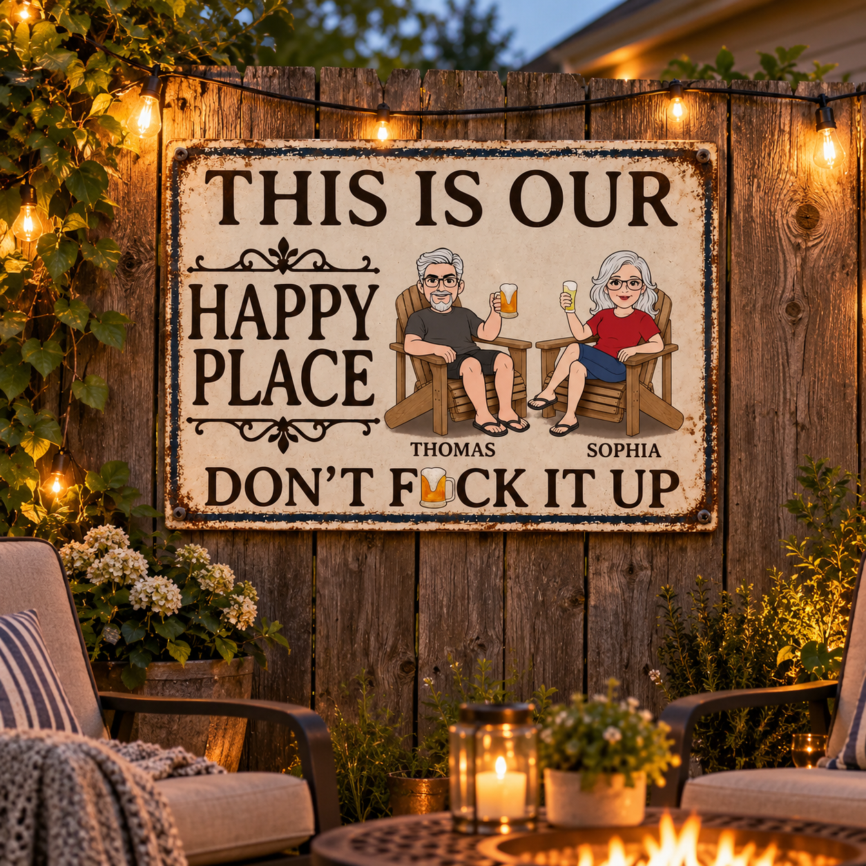 Personalized This Is Our Happy Place metal sign on a backyard fence with string lights