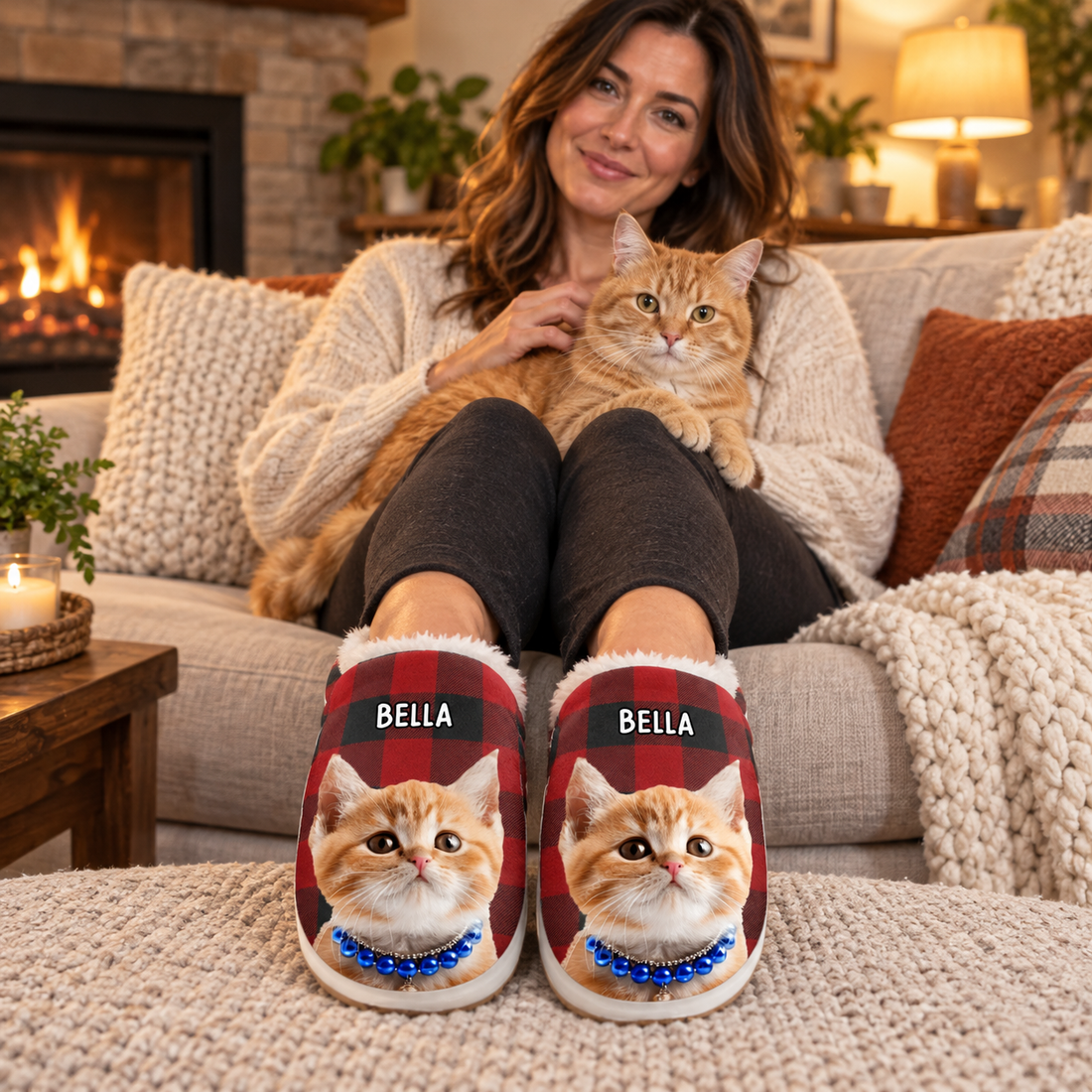 Woman on a sofa wearing custom cat photo plaid slippers with an orange cat on her lap