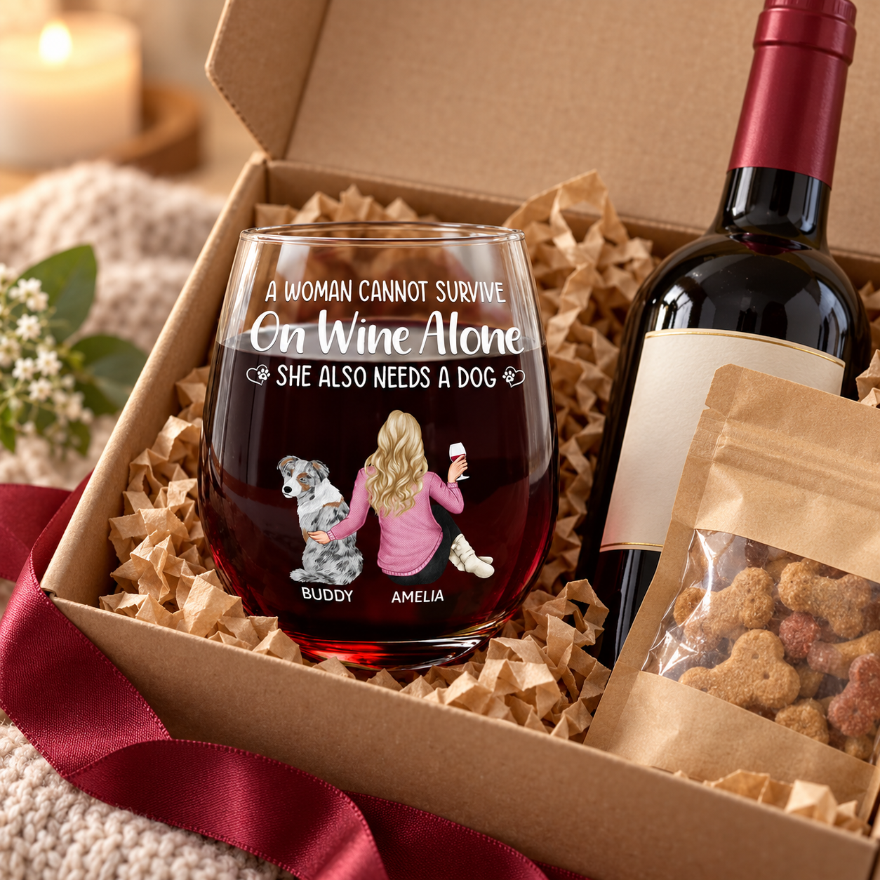 Personalized dog lover stemless wine glass in a kraft gift box with a wine bottle and dog treats