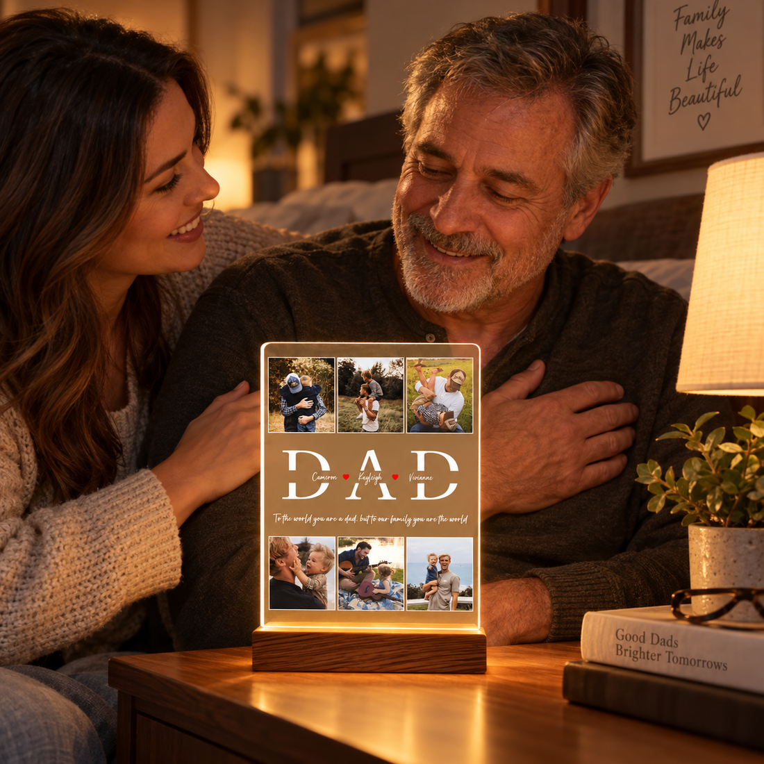 Daughter and father smiling beside a personalized DAD LED night light photo plaque