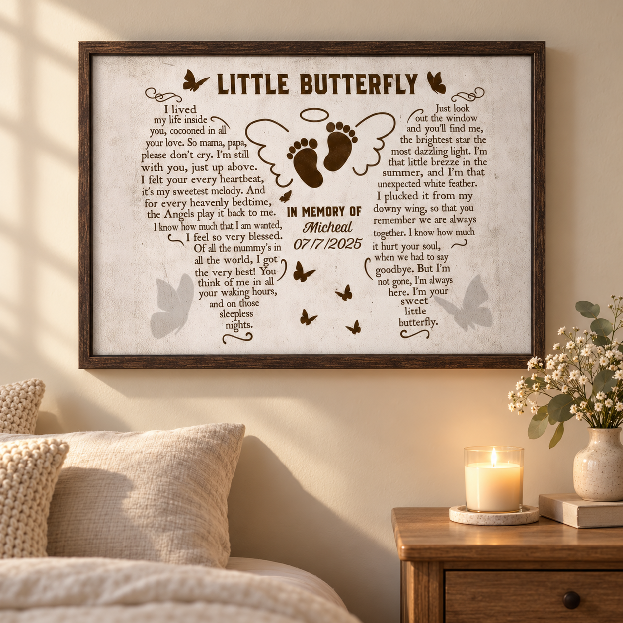 Little Butterfly miscarriage memorial poster on a bedroom wall above a nightstand with candle