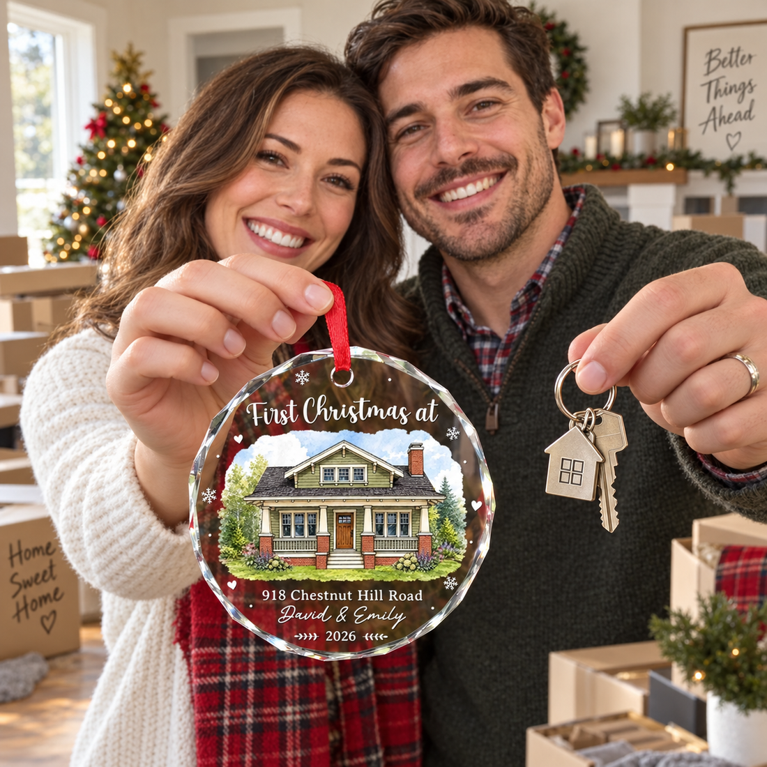 Couple holding house keys and a custom new home glass Christmas ornament in their new house