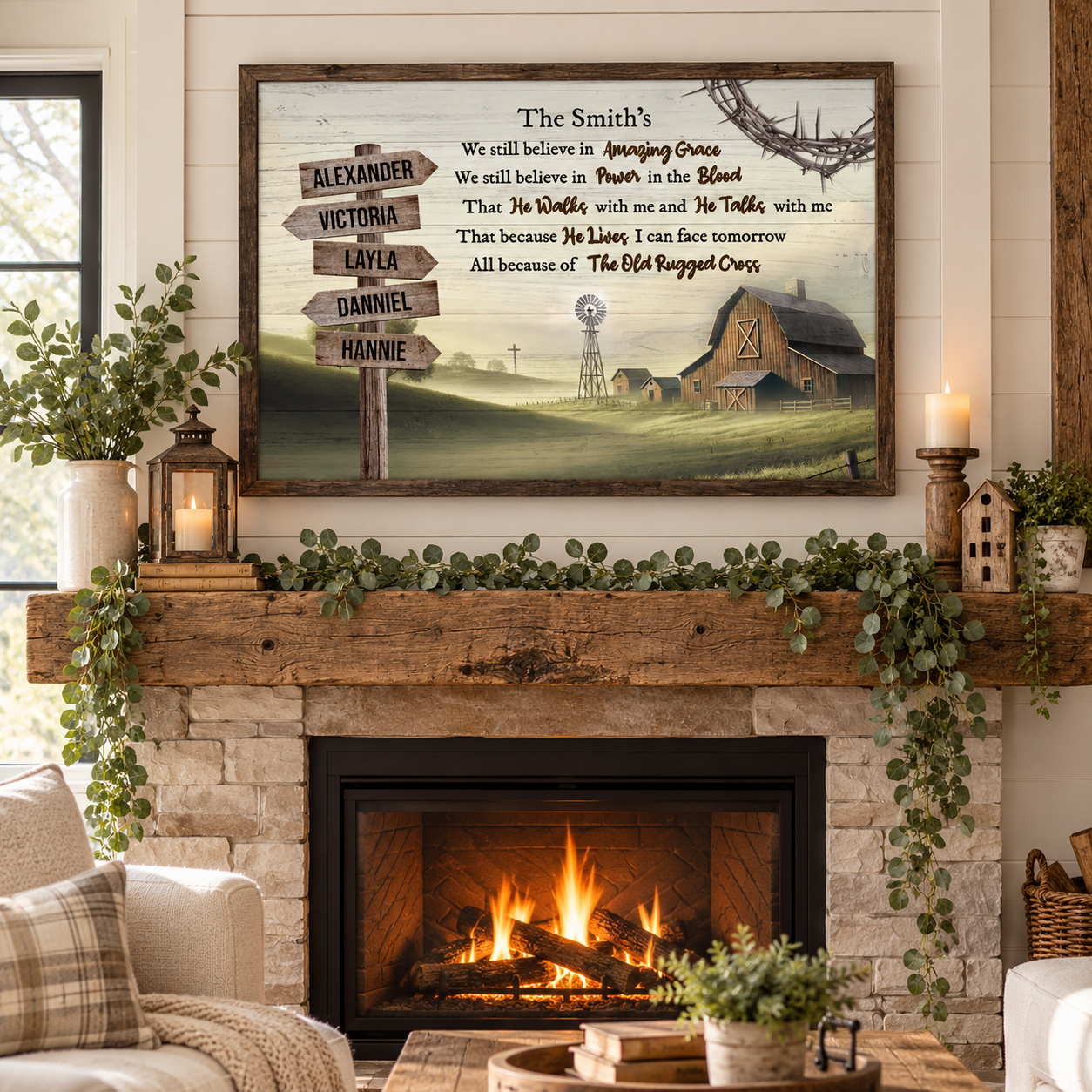 Personalized Amazing Grace farmhouse sign canvas with family names above a rustic fireplace mantel