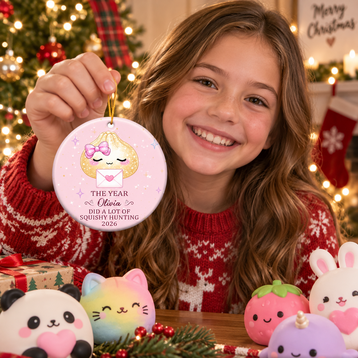 Girl holding a custom Squishy Hunter ceramic ornament beside a tree and squishy toys