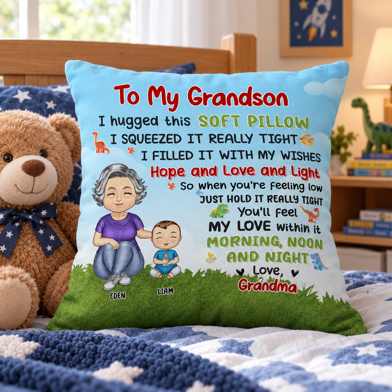 Personalized To My Grandson pillow on a boy's bed with a teddy bear