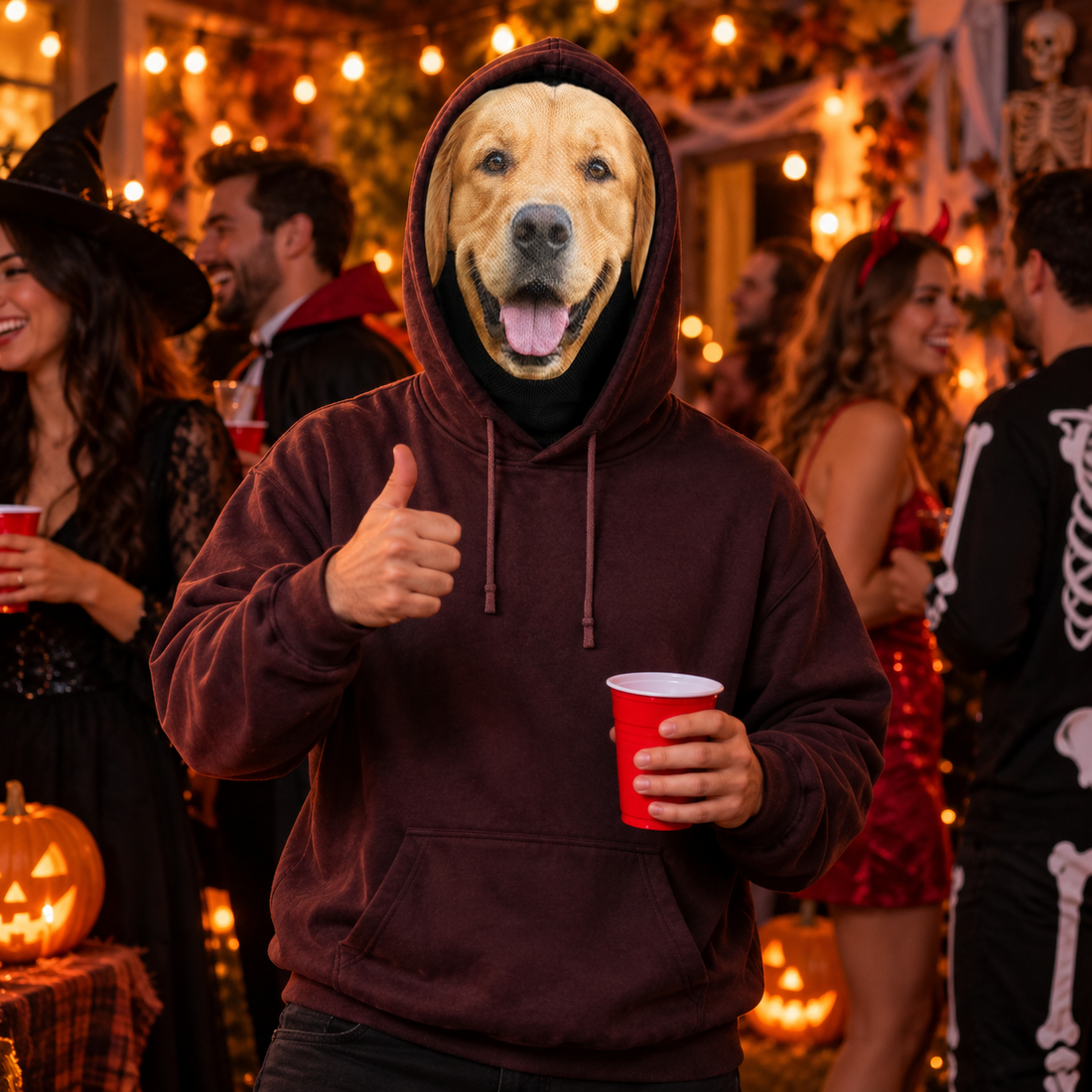 Person at a Halloween party wearing a custom photo dog face hoodie mask