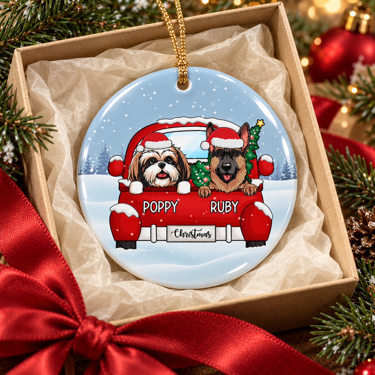 Personalized ceramic dog truck ornament in a gift box with red ribbon and pine