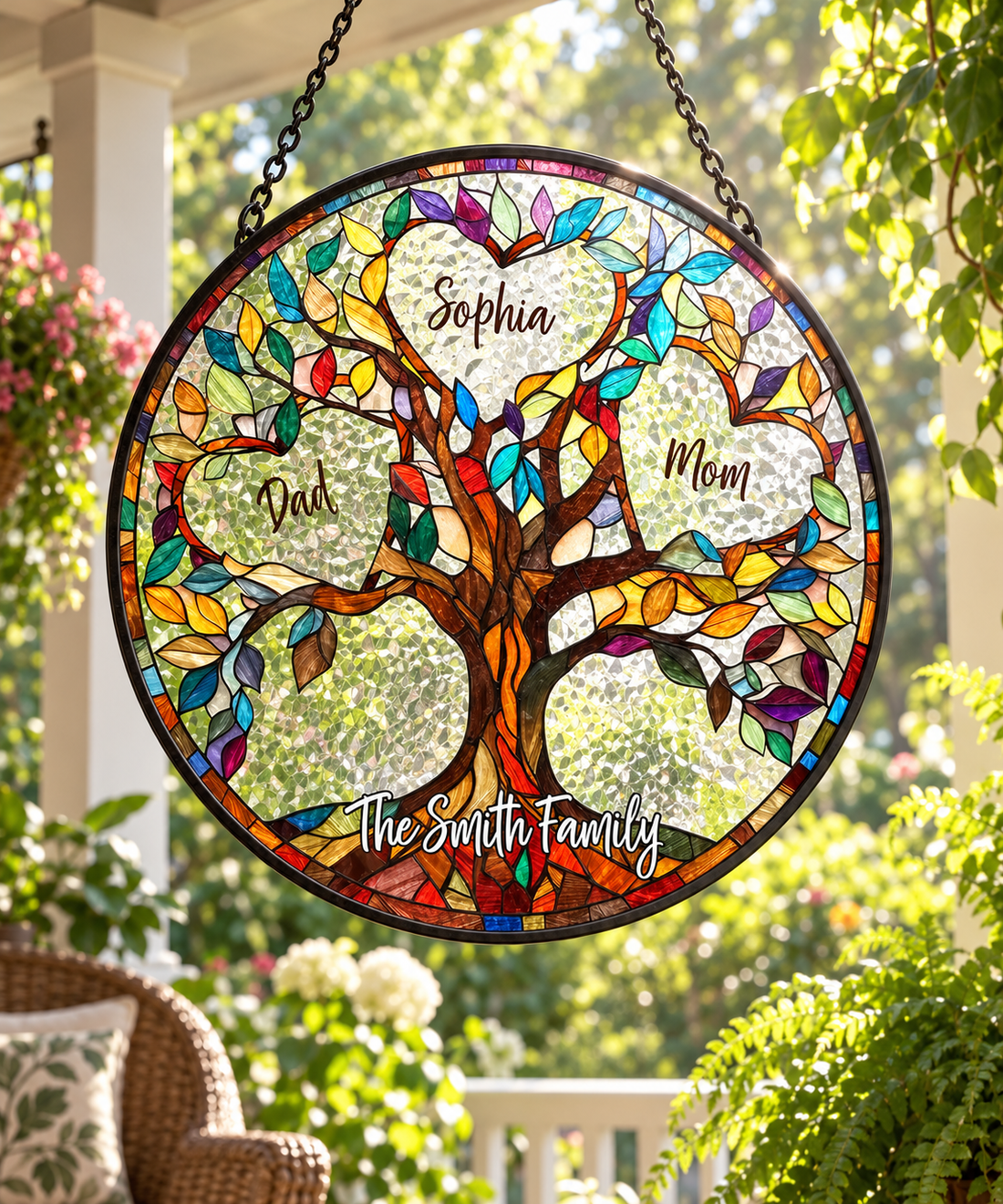 Personalized stained glass tree of life suncatcher hanging on a garden porch
