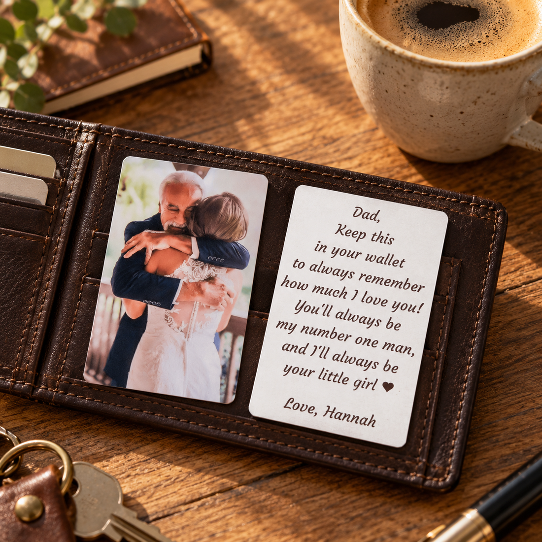 Personalized aluminum wallet insert card with photo and message in a leather wallet on a wooden table