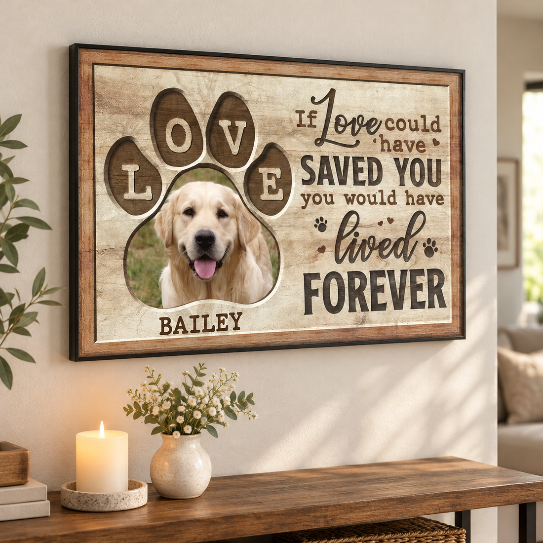 Personalized pet memorial canvas with golden retriever photo above a console table and candle