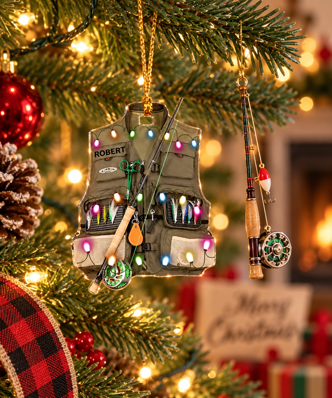 Personalized fishing vest acrylic ornament on a Christmas tree beside a mini fishing rod