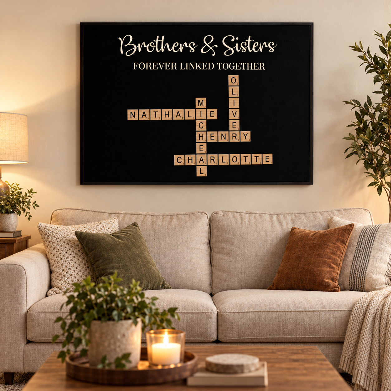 Black crossword name canvas Brothers and Sisters Forever Linked Together above a living room sofa