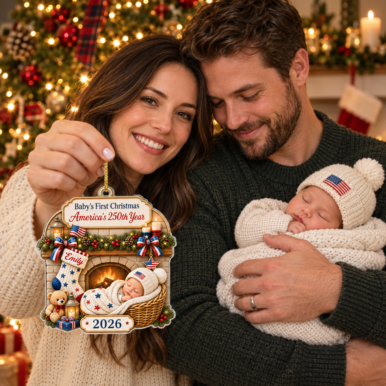 Parents with newborn holding a personalized Baby's First Christmas 2026 acrylic ornament