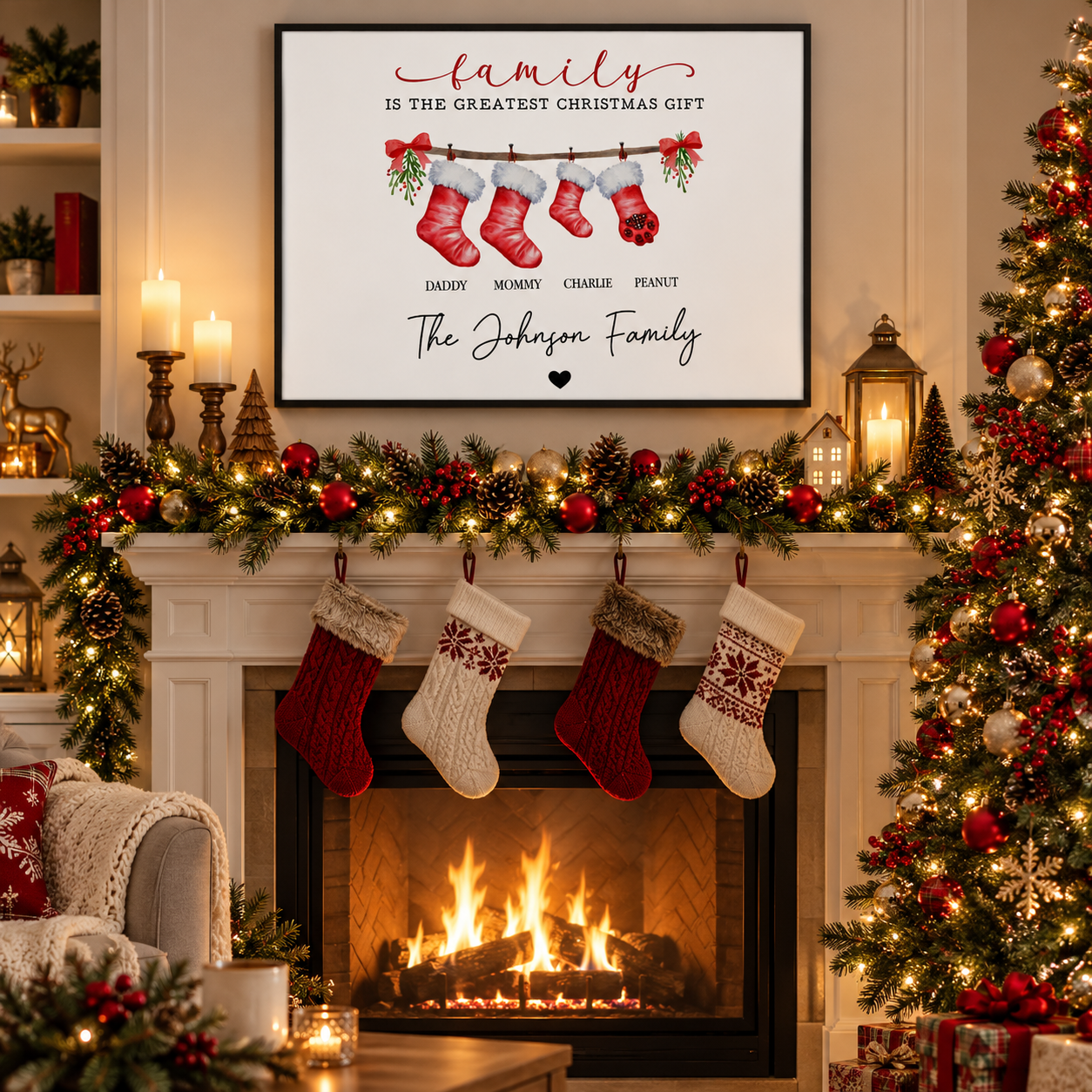 Family Is The Greatest Christmas Gift canvas with names on stockings above a decorated mantel