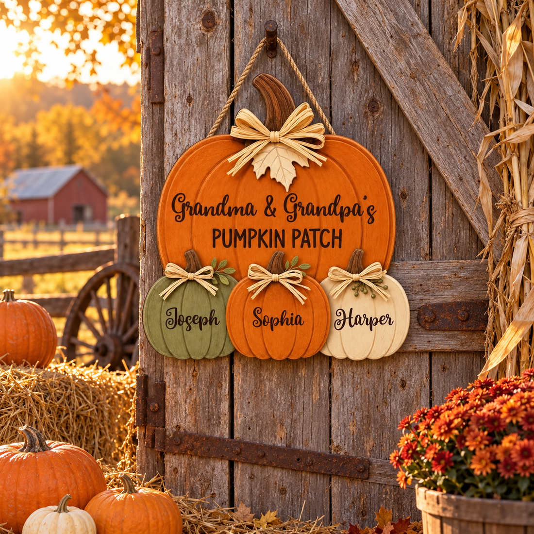 Personalized Grandma and Grandpa's Pumpkin Patch wood sign with grandkids names on a rustic barn door at a fall farm