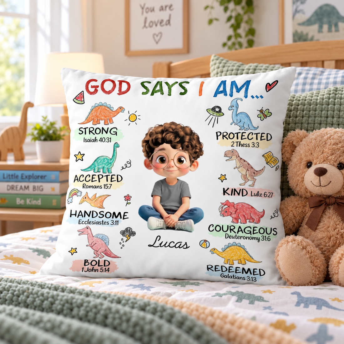 Personalized God Says I Am dinosaur kids pillow named Lucas on a child's bed beside a teddy bear