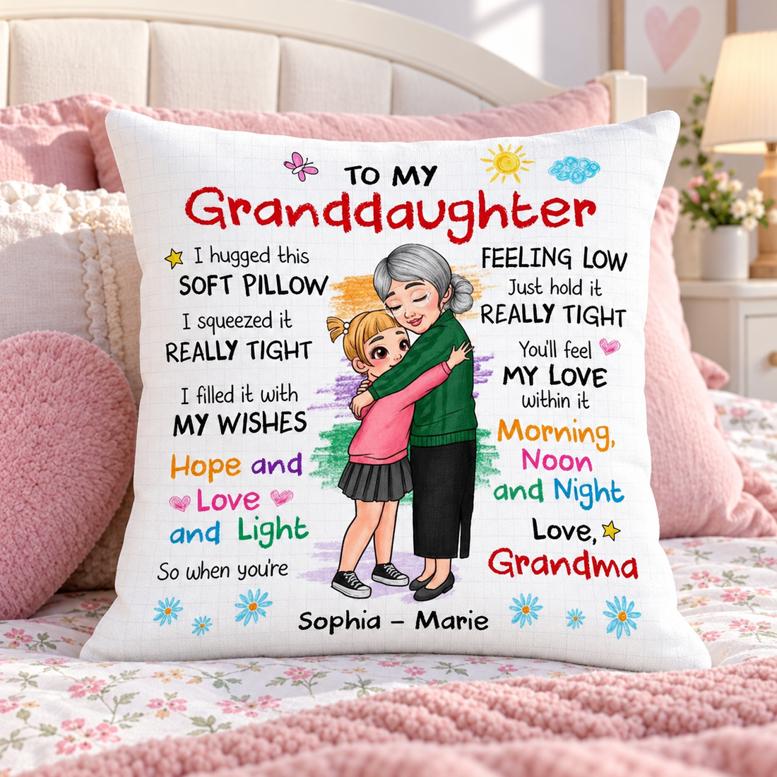 Personalized To My Granddaughter hug pillow with grandma and girl illustration on a girl's bed
