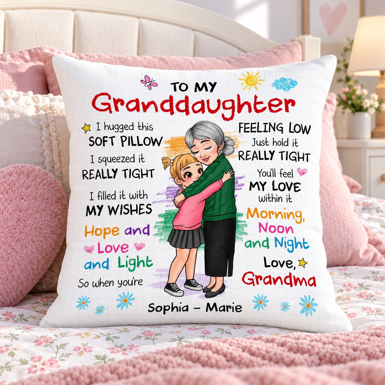 Personalized To My Granddaughter hug pillow with grandma and girl illustration on a girl's bed
