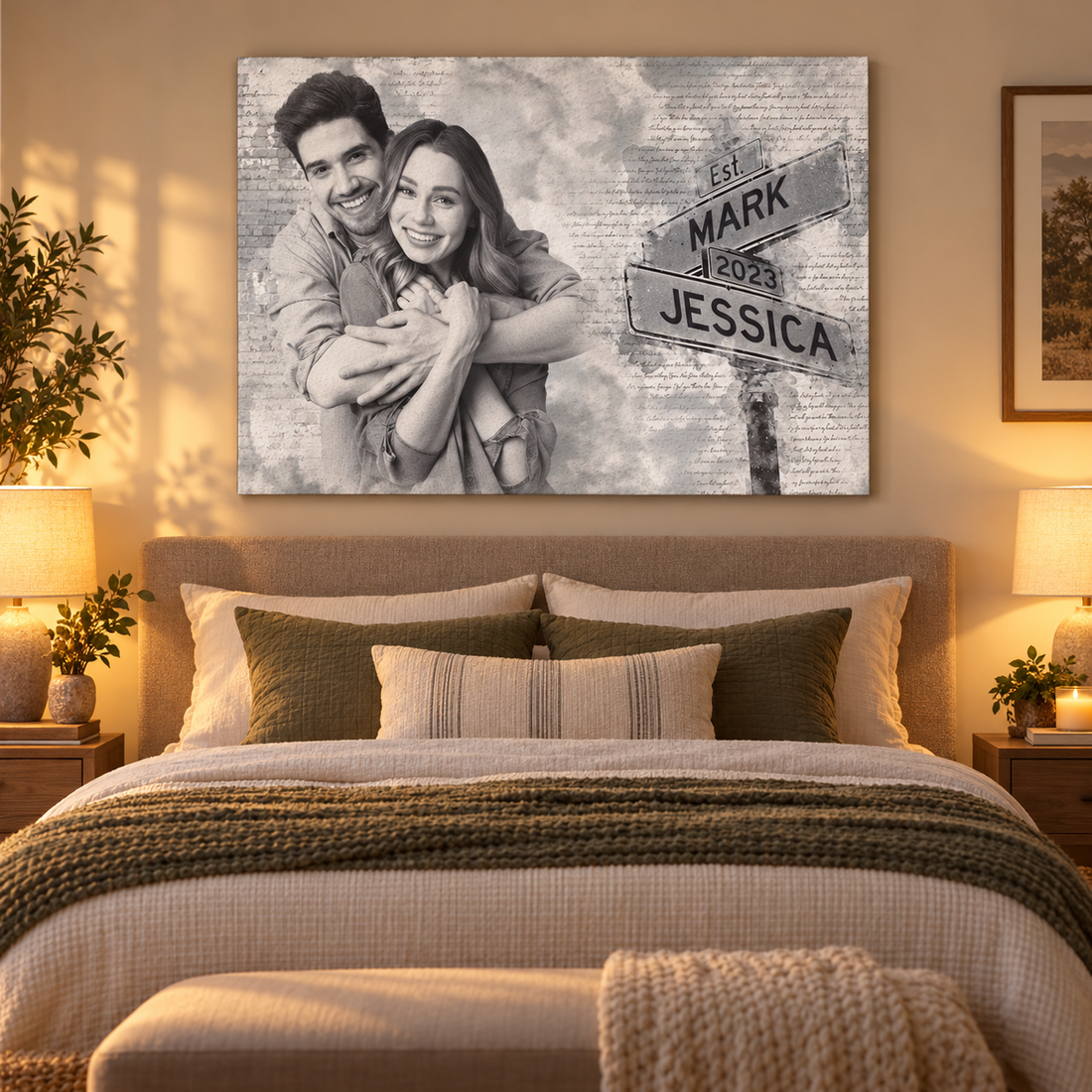 Personalized couple photo canvas with street sign names Mark and Jessica hanging above a bed
