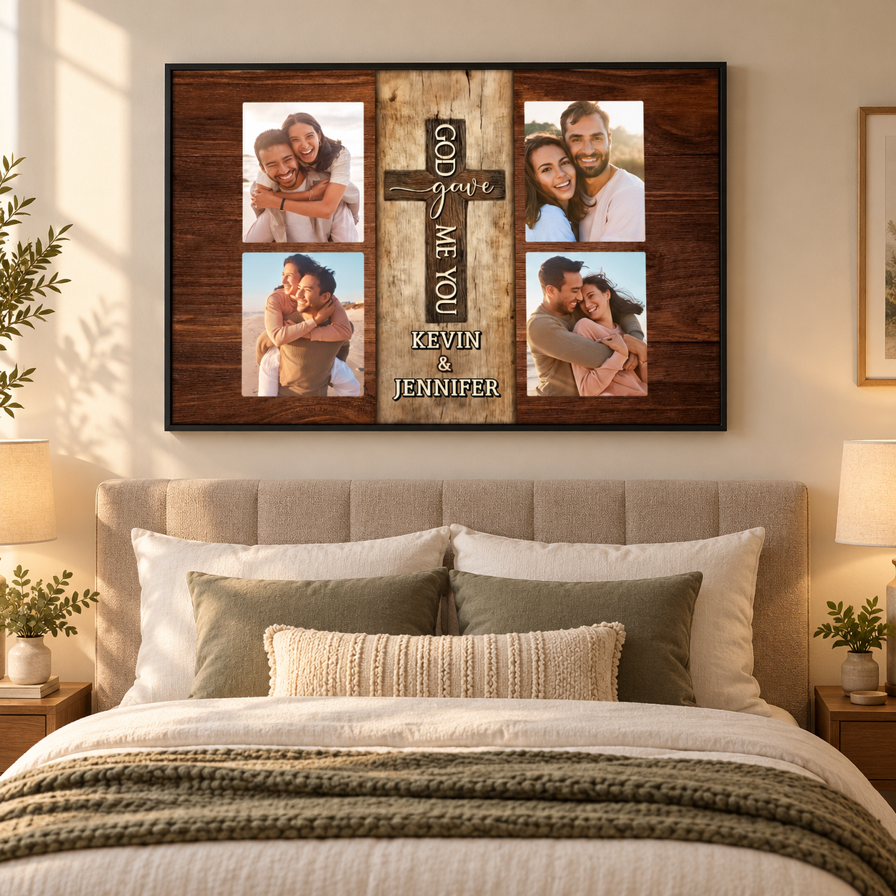 Personalized couple God Gave Me You poster in a frame above a bed in a bedroom