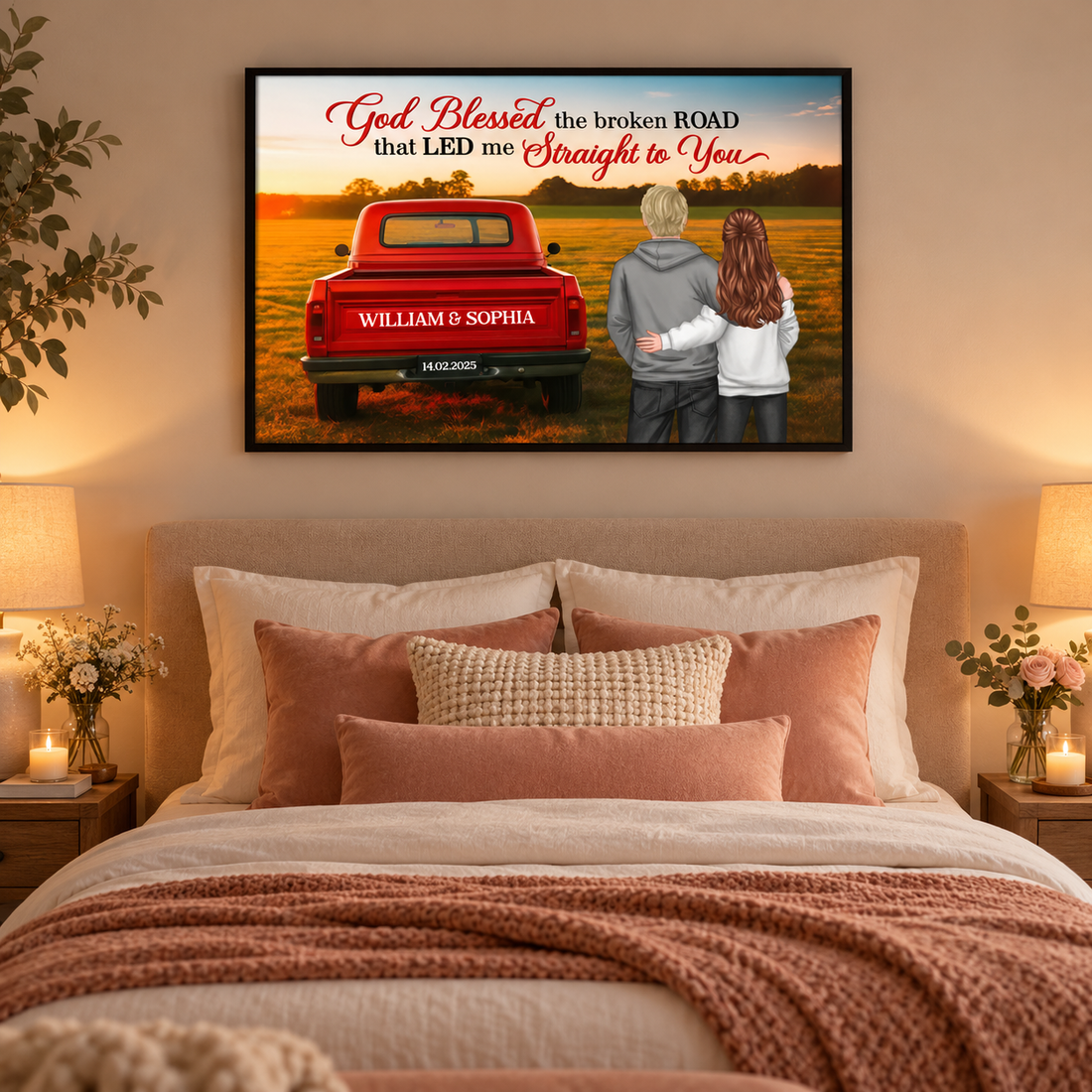 God Blessed the broken road couple back view canvas print hung above a bedroom bed