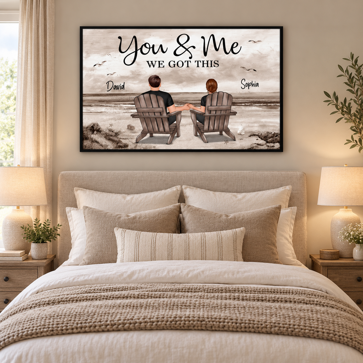 Personalized You and Me We Got This beach couple poster with names David and Sophia above a bed