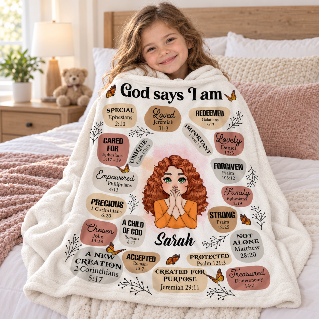 Child wrapped in a custom God Says I Am Special blanket on a bed
