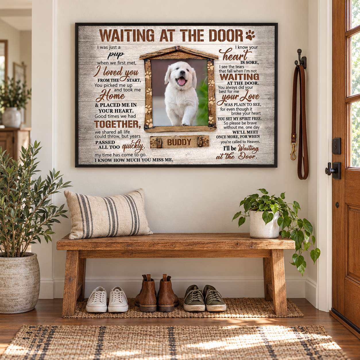 Custom photo Waiting At The Door pet memorial canvas in an entryway above a bench