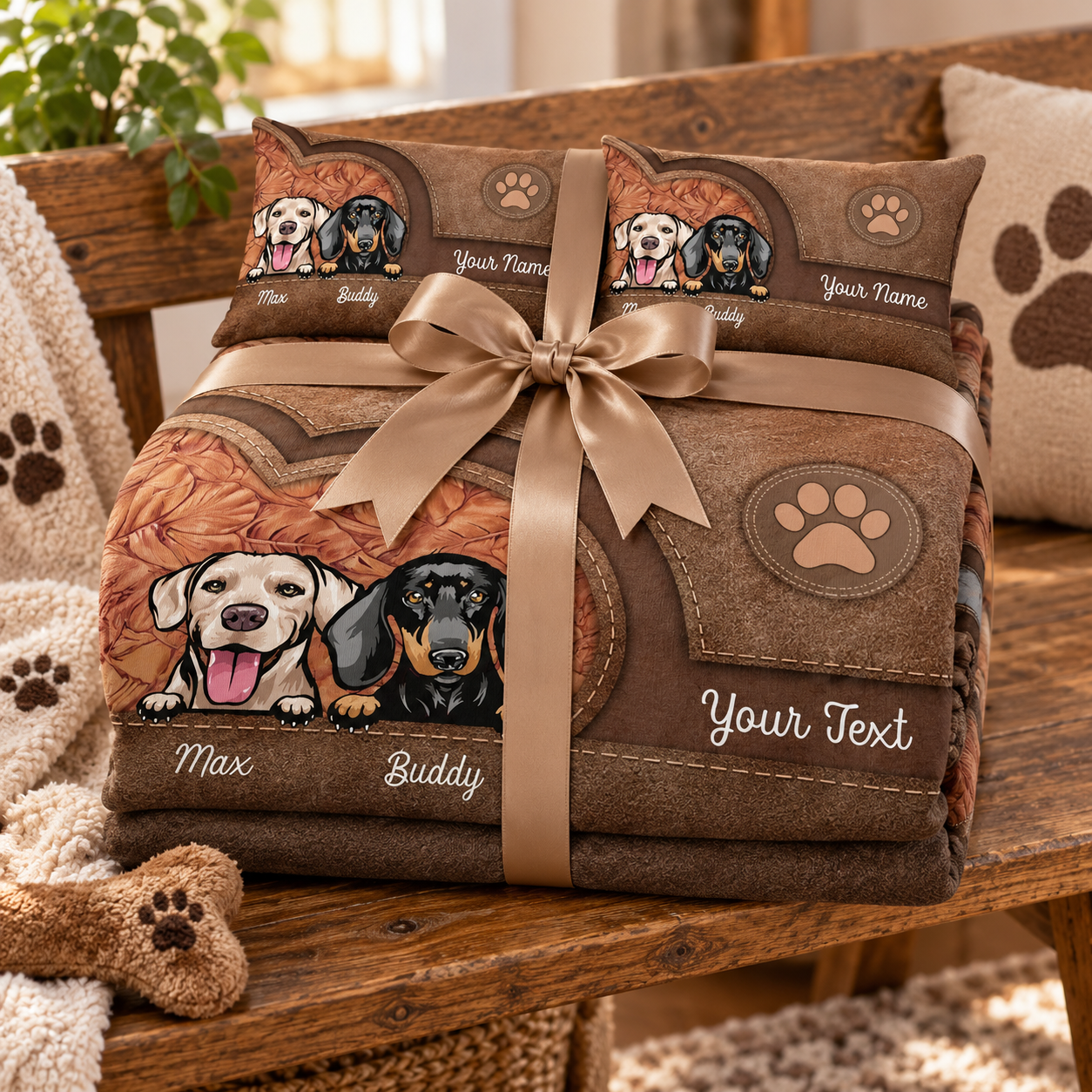 Folded personalized dog bedding set tied with ribbon as a gift for dog lovers on a wooden bench