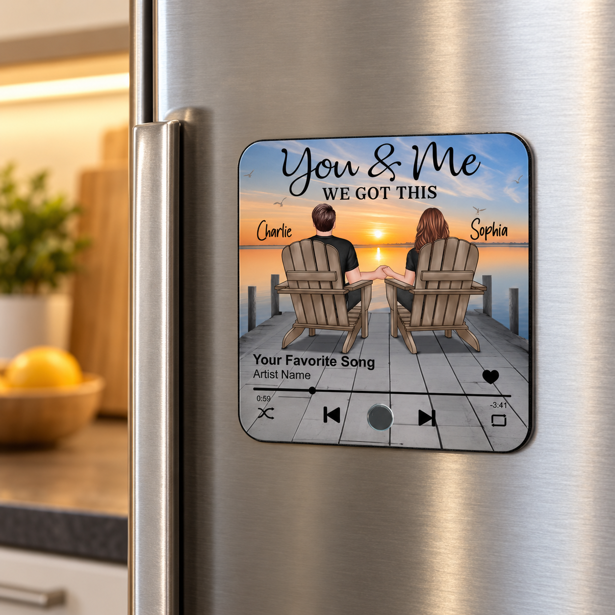 Personalized romantic couple music fridge magnet You and Me on a stainless fridge