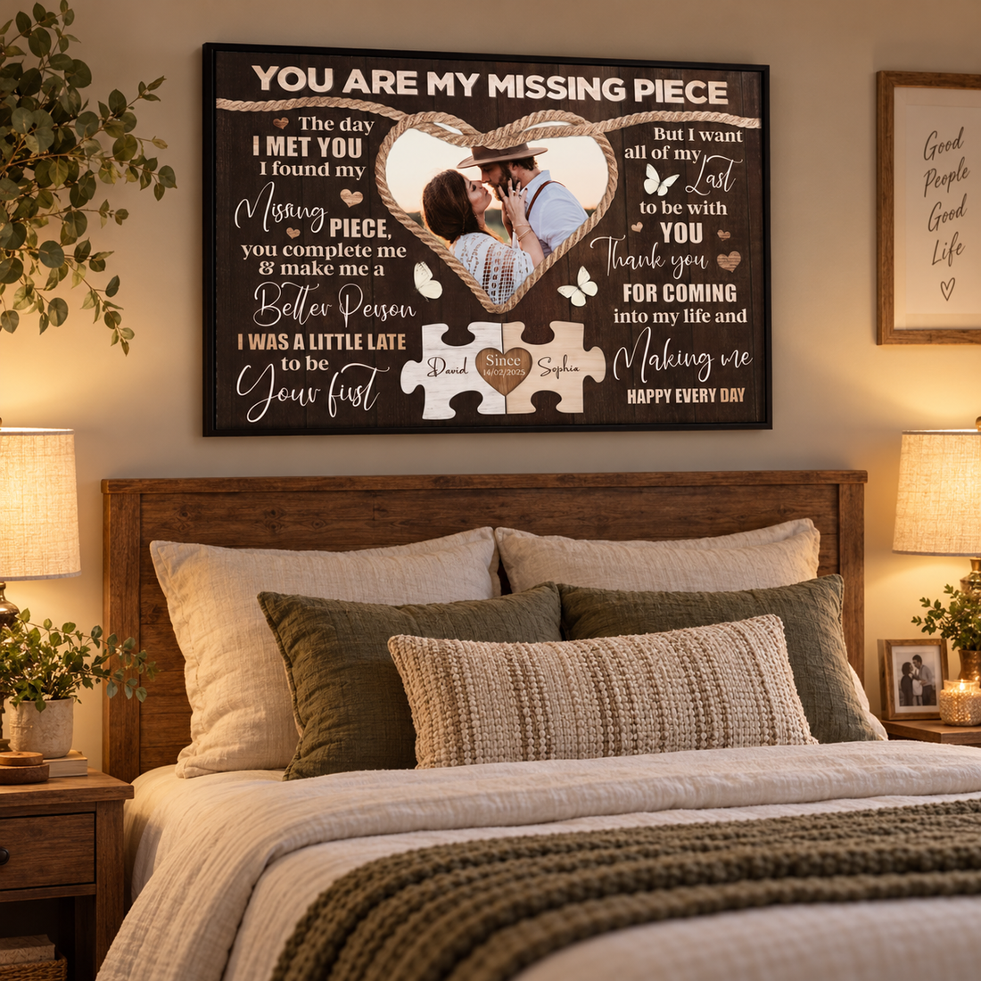Custom You Are My Missing Piece couple poster framed above a bed in a cozy bedroom