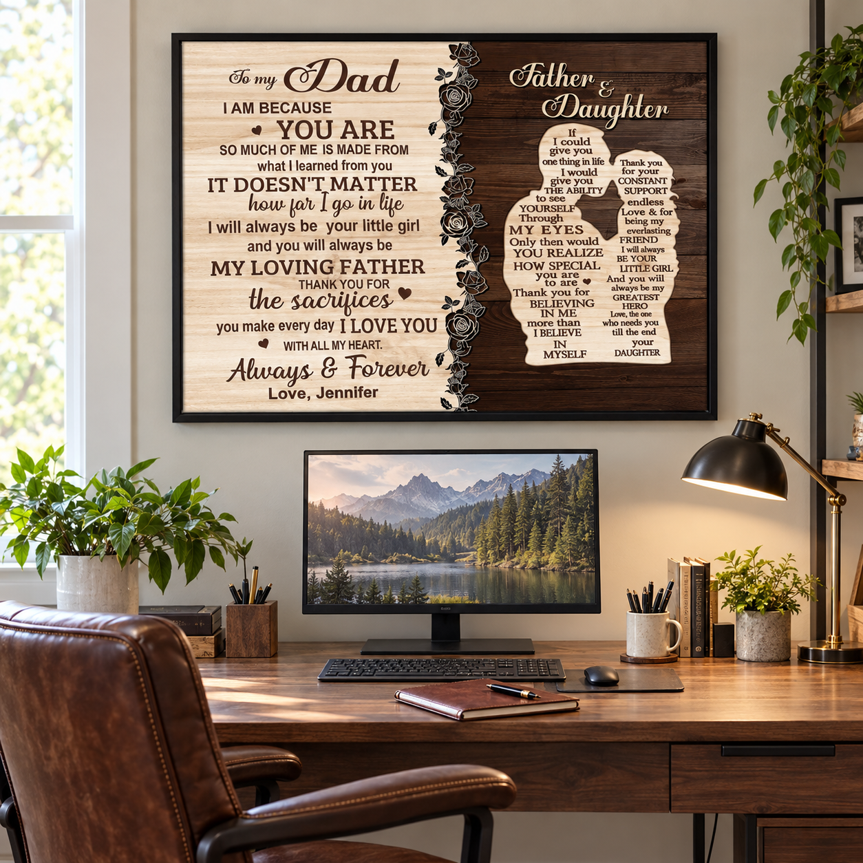 Personalized To My Dad from daughter poster framed on a home office wall above a desk