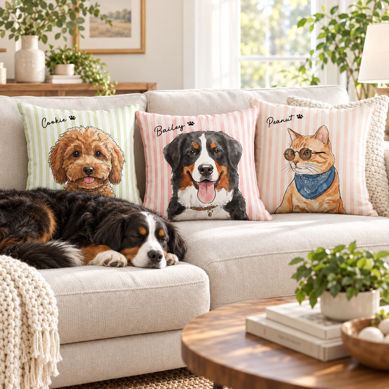 Custom striped pet watercolor art pillow on a sofa in a bright living room beside a sleeping dog