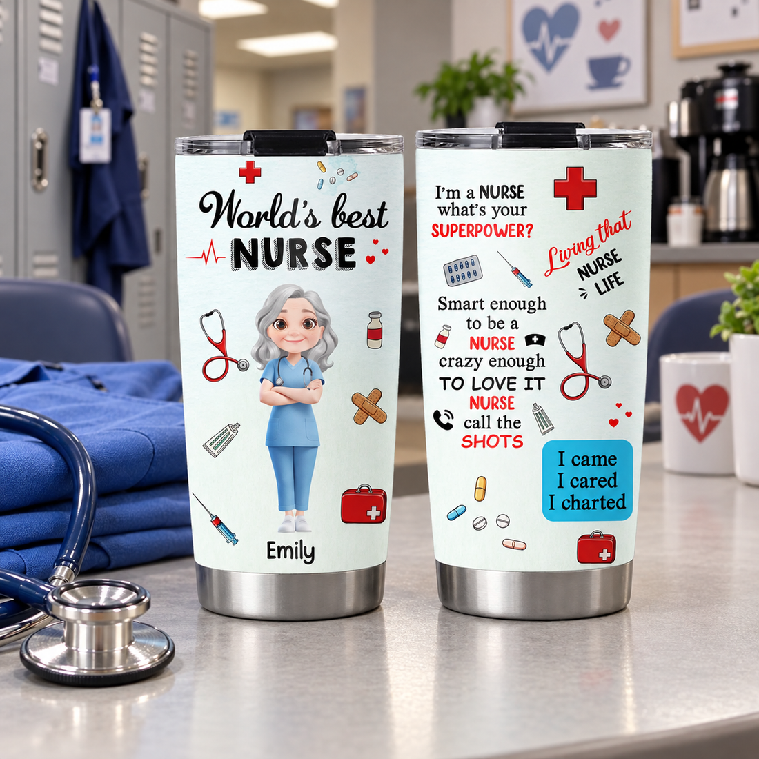Personalized nurse 20oz tumbler with name on a break-room table beside scrubs and a stethoscope