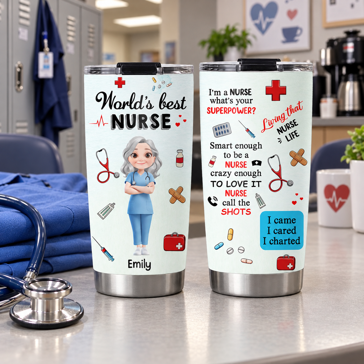 Personalized nurse 20oz tumbler with name on a break-room table beside scrubs and a stethoscope