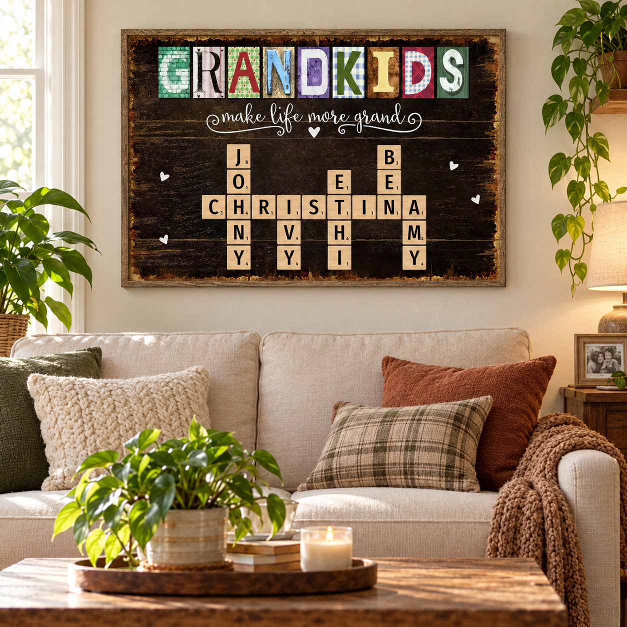 Personalized grandkids crossword canvas hung above a sofa in a grandma's living room