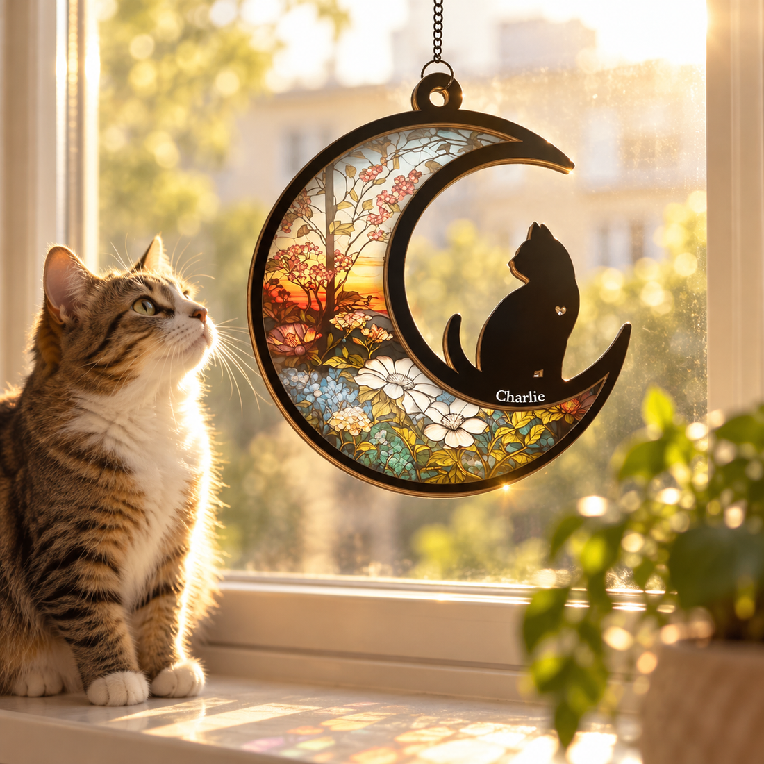 Personalized cat suncatcher hanging in a sunny window with a cat sitting on the sill