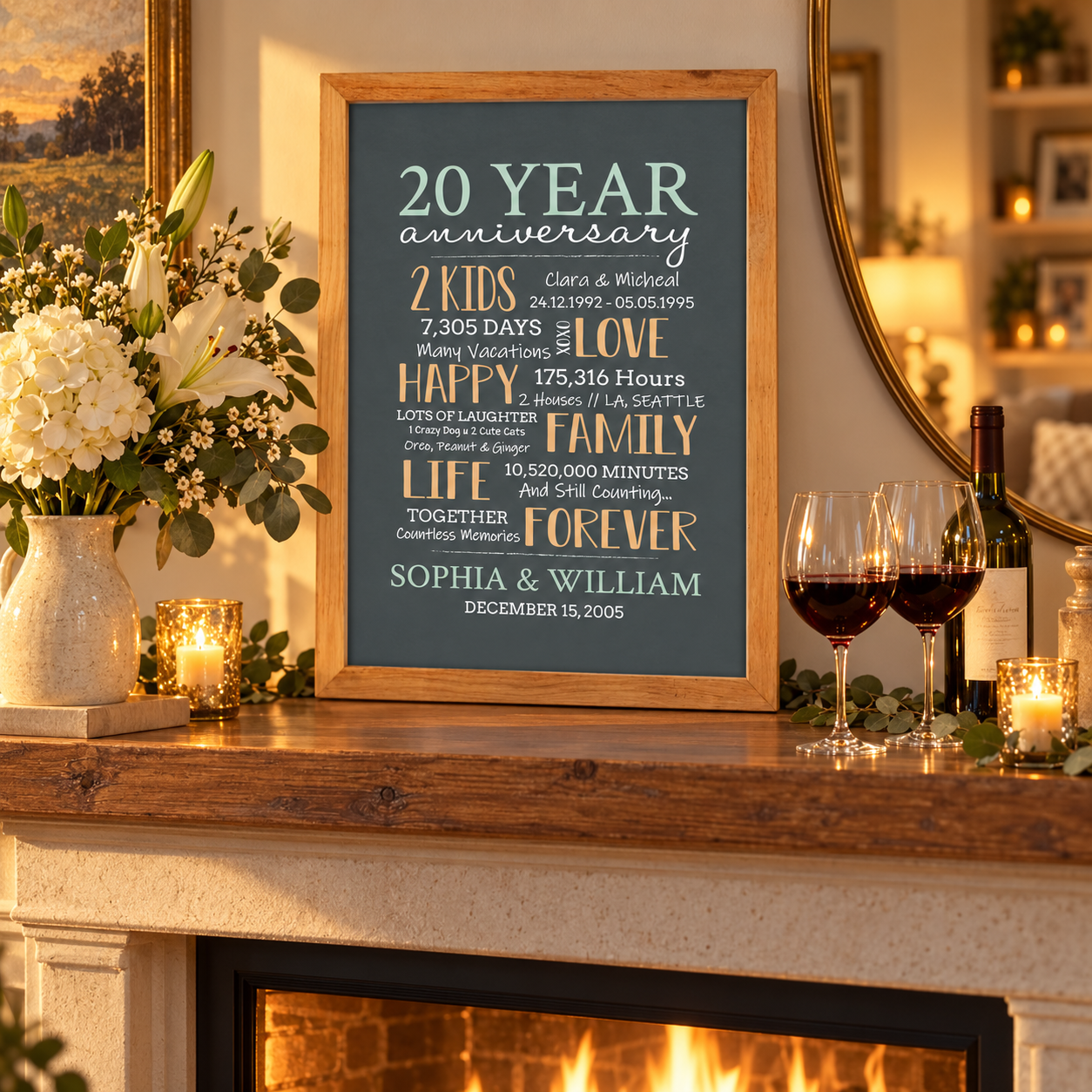 Personalized 20-year anniversary couple poster framed on a mantel with wine glasses and flowers