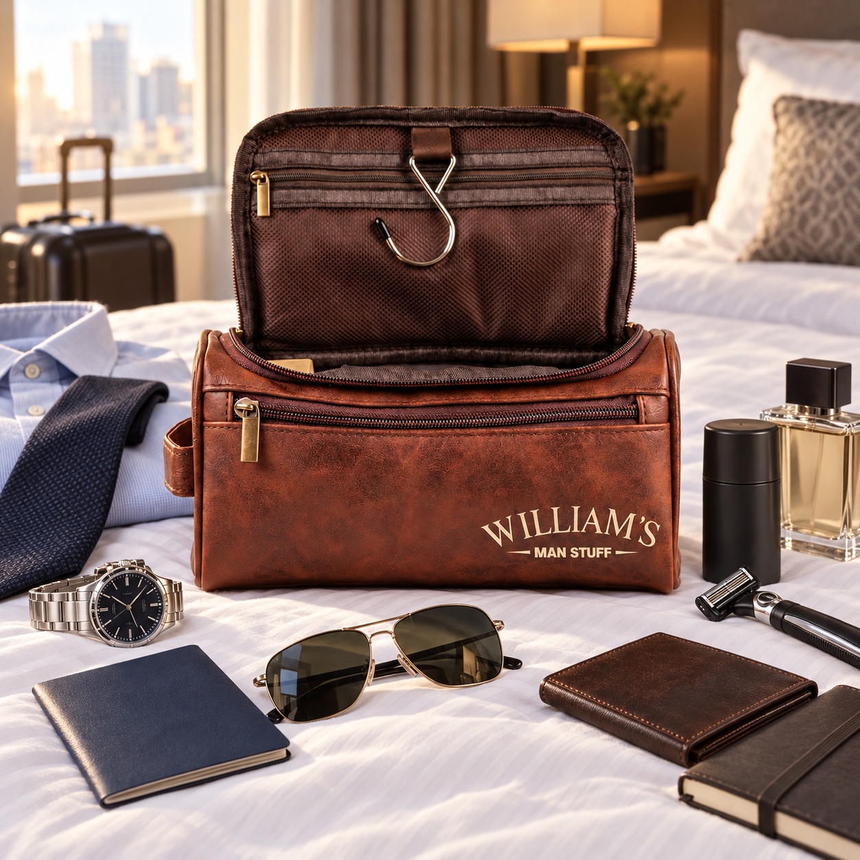 Personalized Man Stuff leather toiletry bag open on a hotel bed with travel items