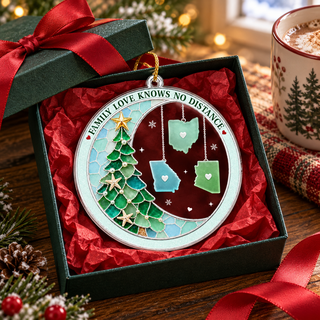 Personalized acrylic couple ornament in a gift box with red tissue paper and ribbon beside a mug