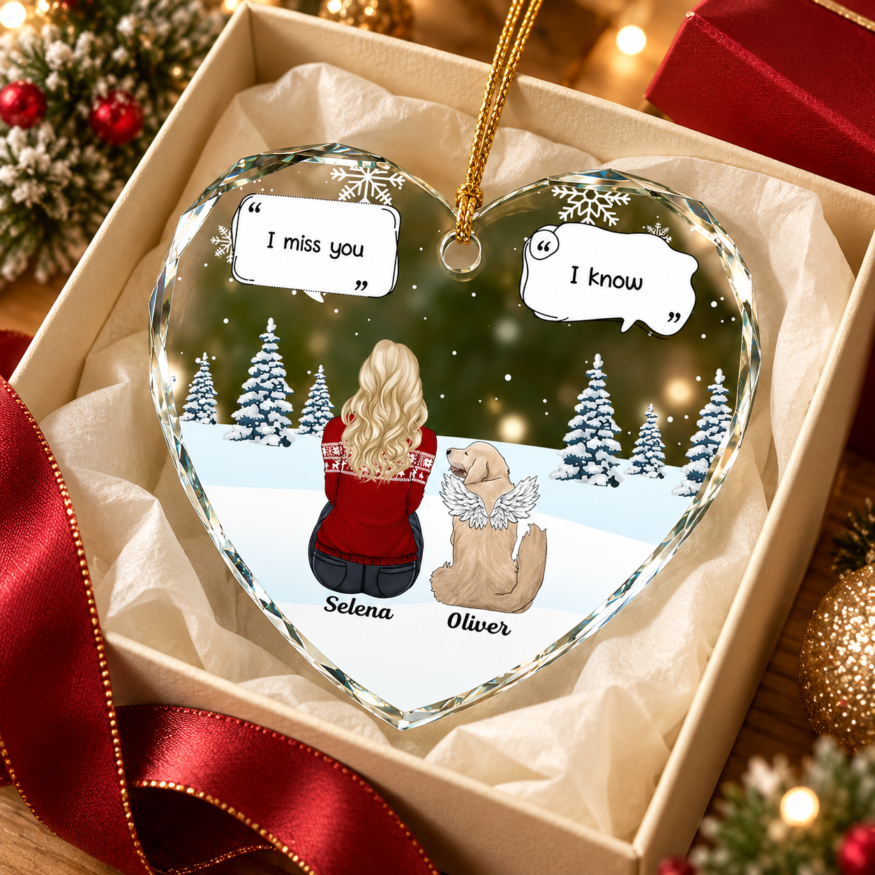 Personalized pet memorial heart glass ornament in a gift box with ribbon