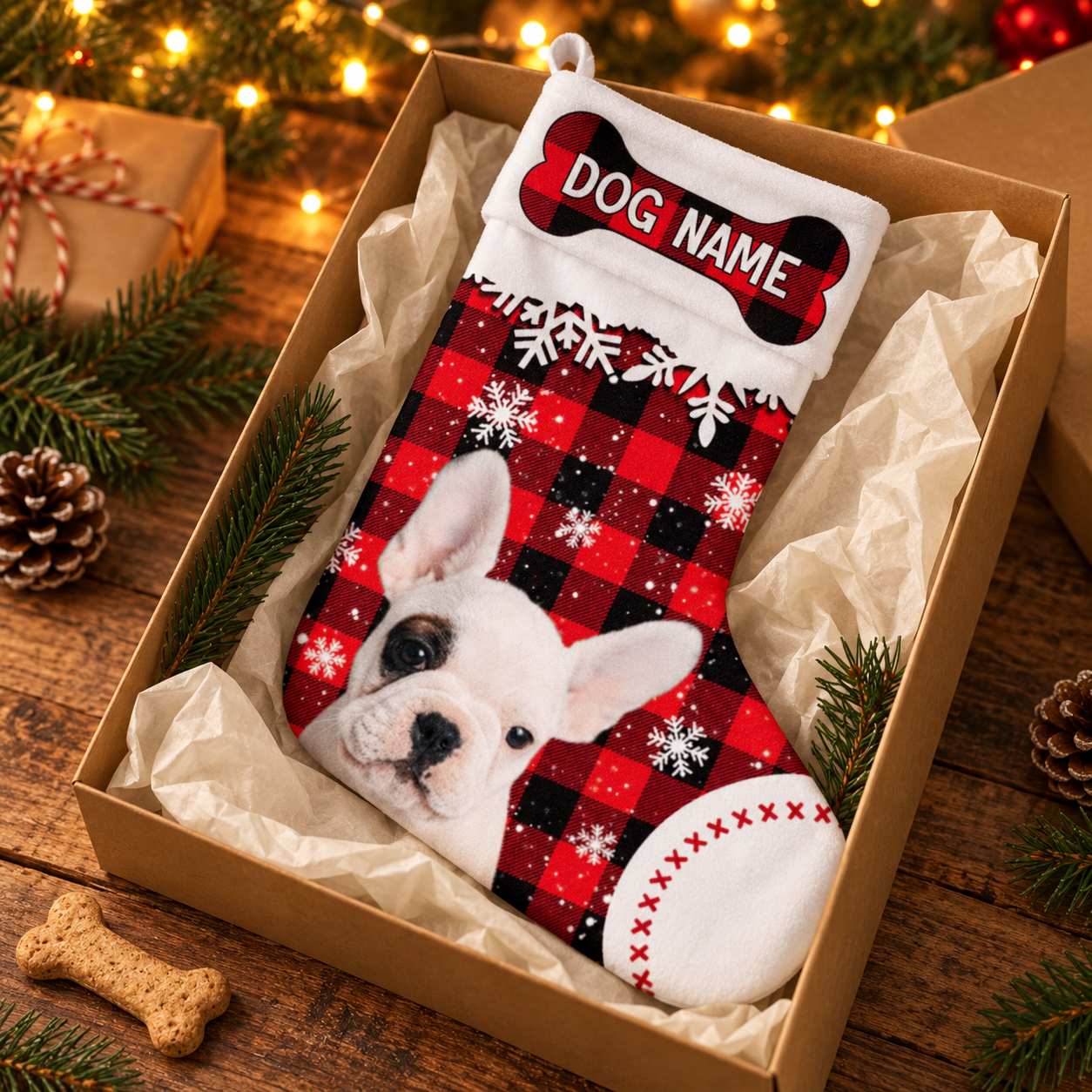 Custom dog photo Christmas stocking in a kraft gift box with tissue paper