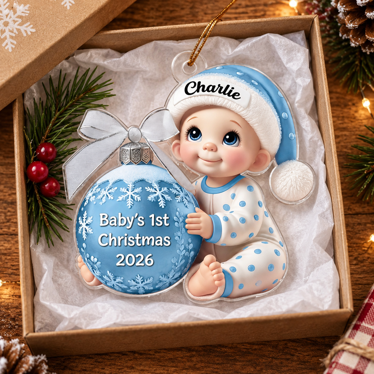 Custom Baby's First Christmas acrylic ornament with name in a kraft gift box with tissue paper