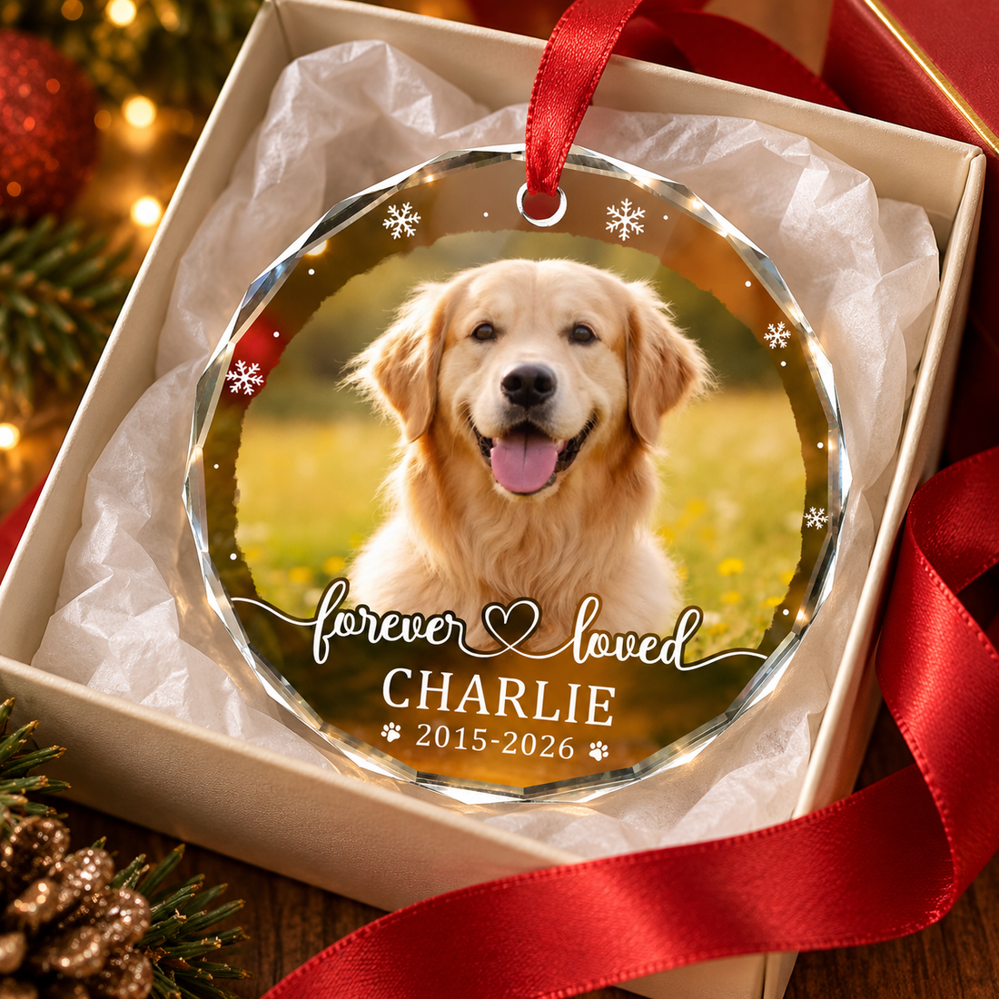 Personalized pet memorial photo glass ornament in a gift box with ribbon