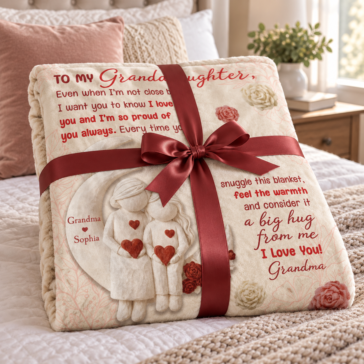Custom To My Granddaughter blanket folded with a red ribbon as a gift