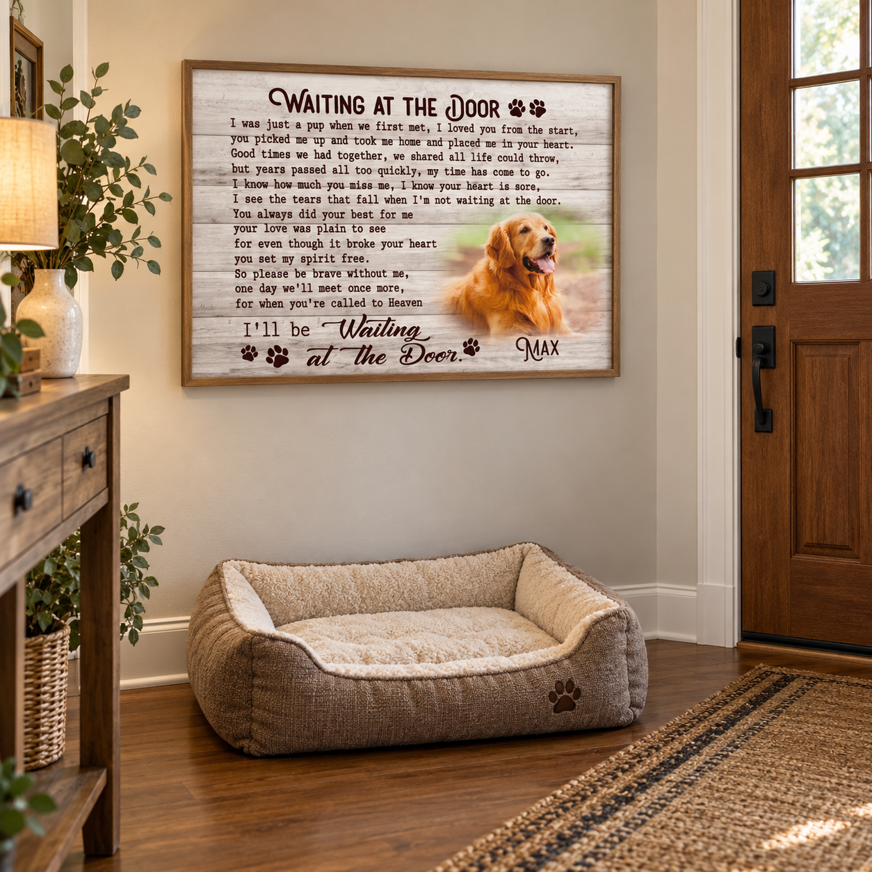 Custom pet memorial poster Waiting at the Door in a hallway by the front door above a dog bed