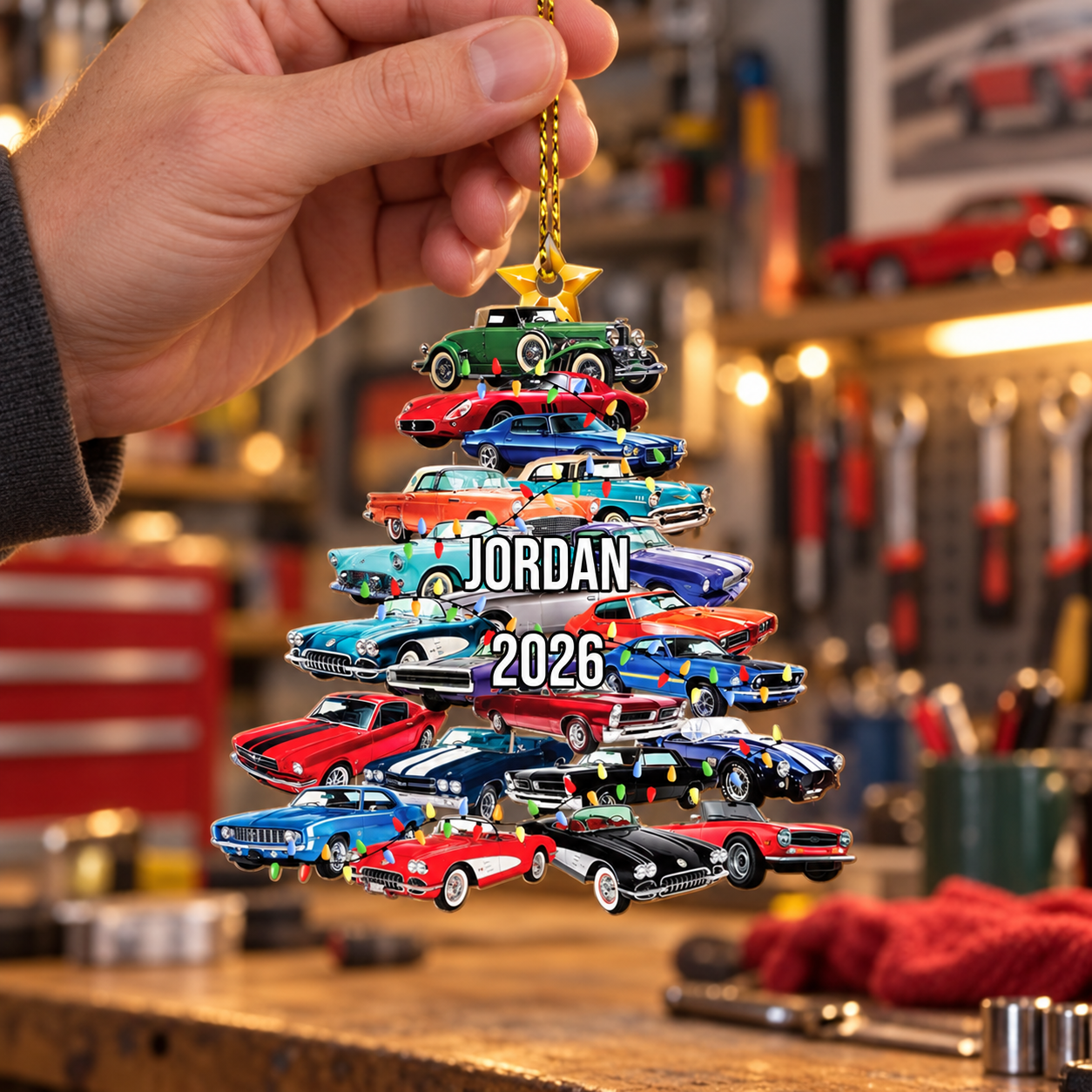 Hand holding a personalized classic cars Christmas tree ornament in front of a blurred garage workbench