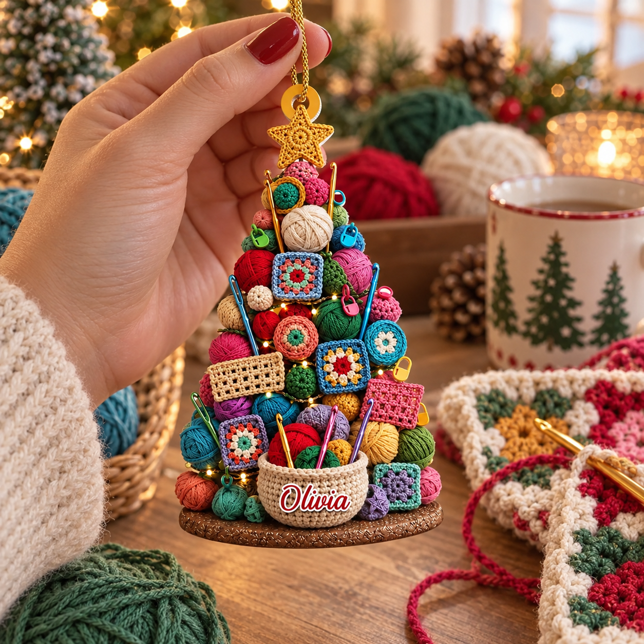 Hand holding a custom crochet yarn tree ornament with name Olivia beside crochet and yarn skeins